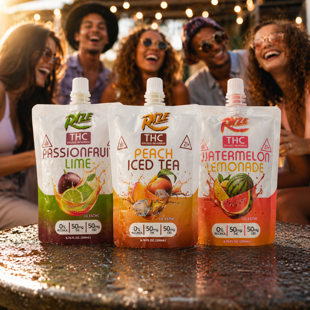 Three colorful THC-infused beverage pouches labeled Passionfruit Lime, Peach Iced Tea, and Watermelon Lemonade, displayed on a table with a group of friends laughing and enjoying their time in the background.